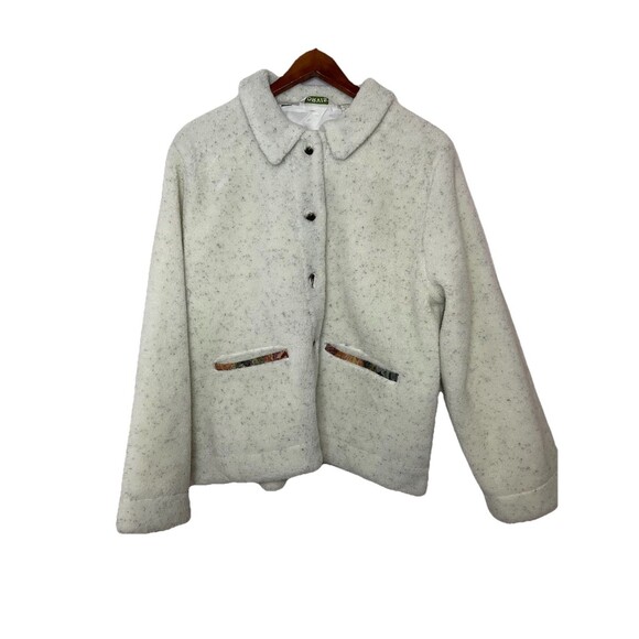 Orvis Womens Large Sherpa Button Up Jacket  Ivory Speckle Acrylic Floral VINTAGE - Picture 1 of 9
